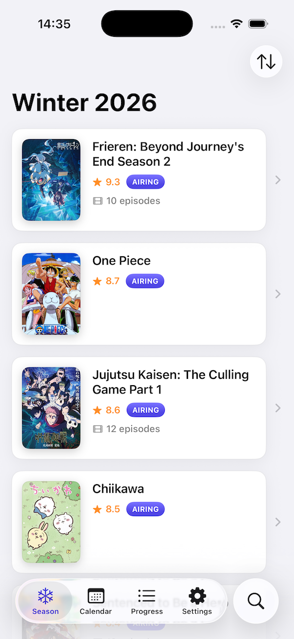 Season list view on iPhone