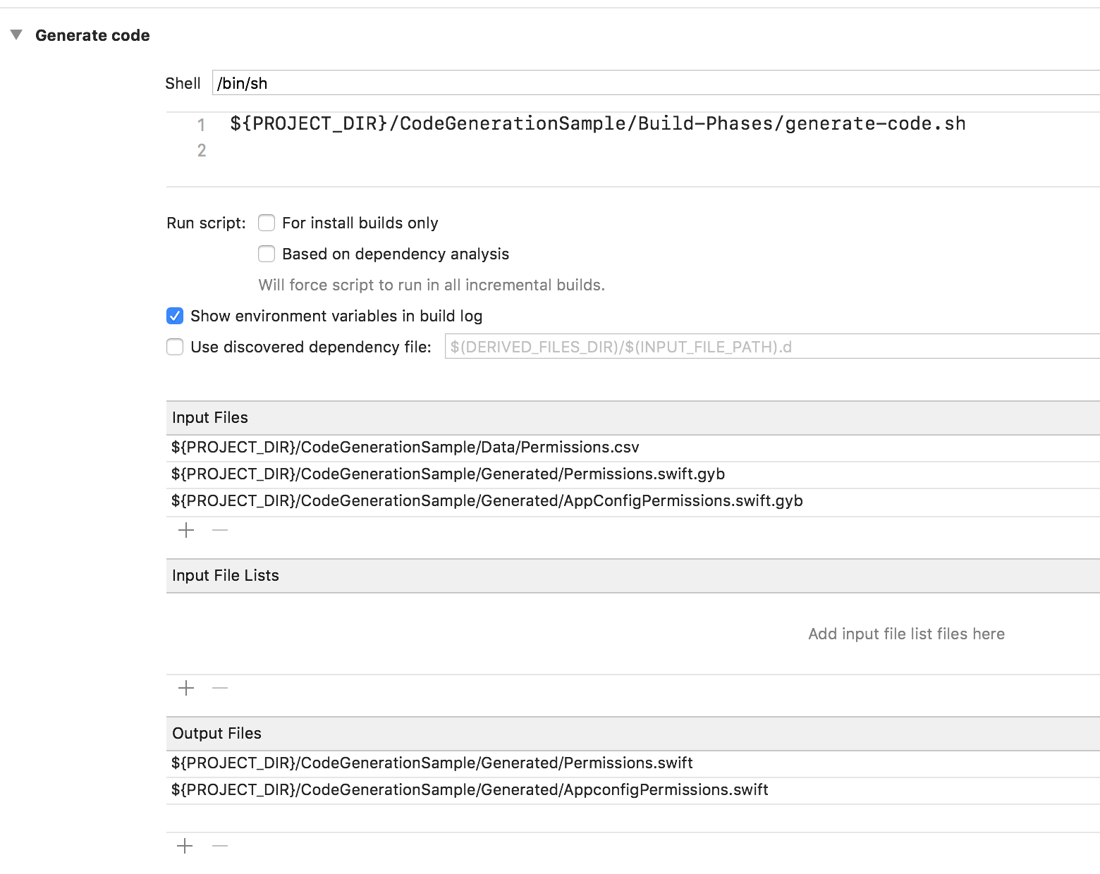 Code generation build phase